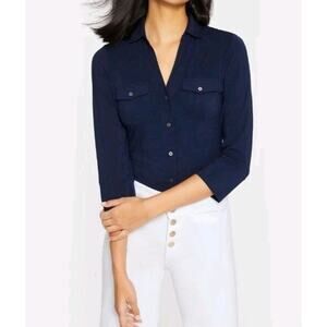 J McLaughlin Brynn Lyford Jersey Shirt Blue Button Front Top 3/4 Sleeve Womens L